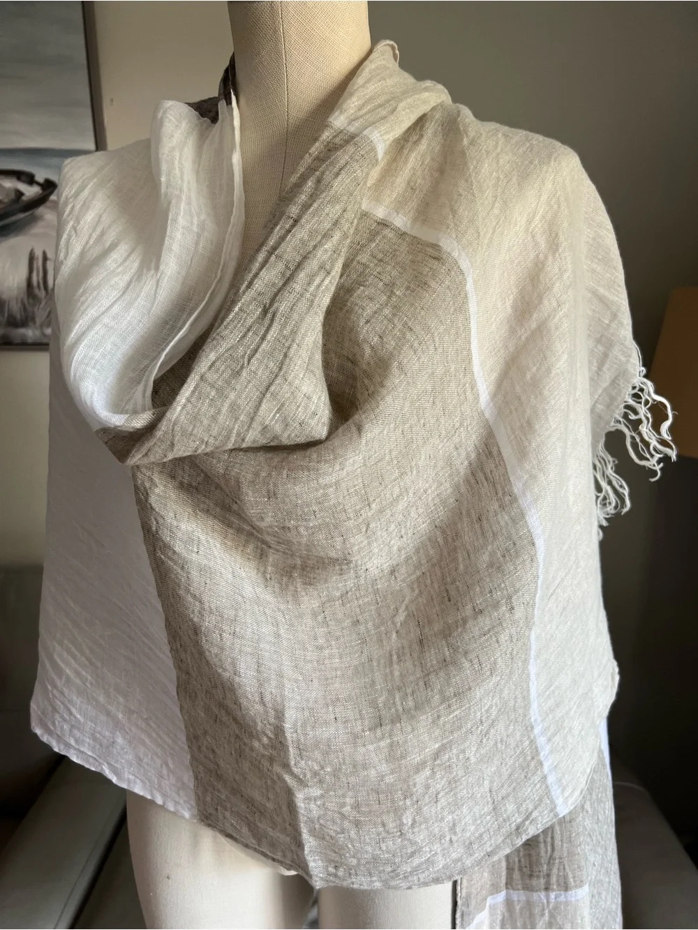 Pepito’s 100% Linen Scarf Made in Italy Lightweight White and Taupe Woven Shawl
